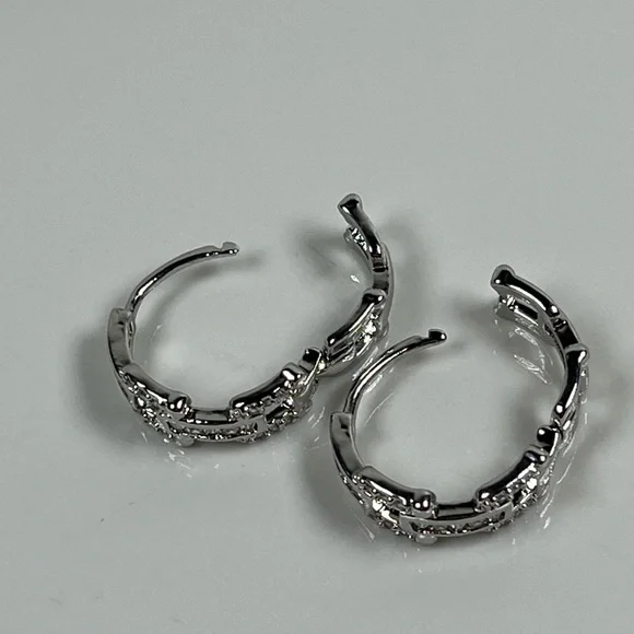 White Gold Plated Clear CZ Huggie Hoop Earrings - Picture 4 of 8